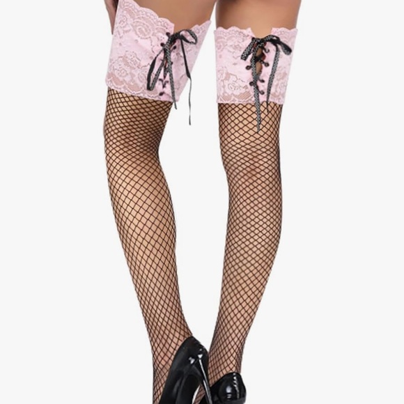Black fishnet thigh high OTK sock lace corset burlesque garter belt lingerie new - Picture 12 of 12